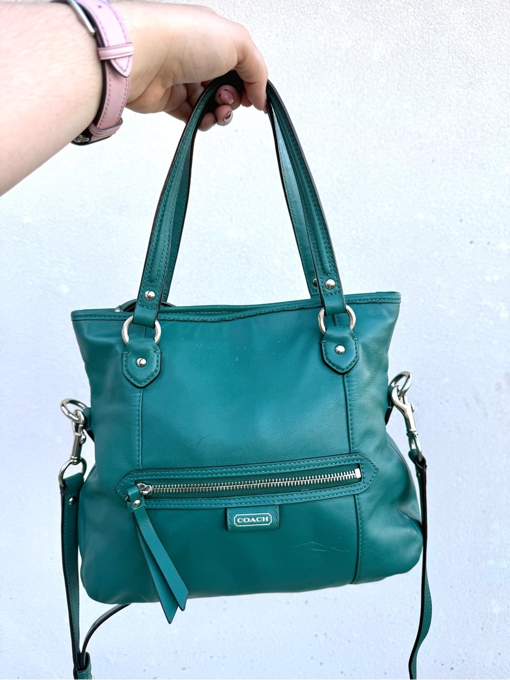 COACH Teal Leather Shoulder Bag with Front Zip Pocket